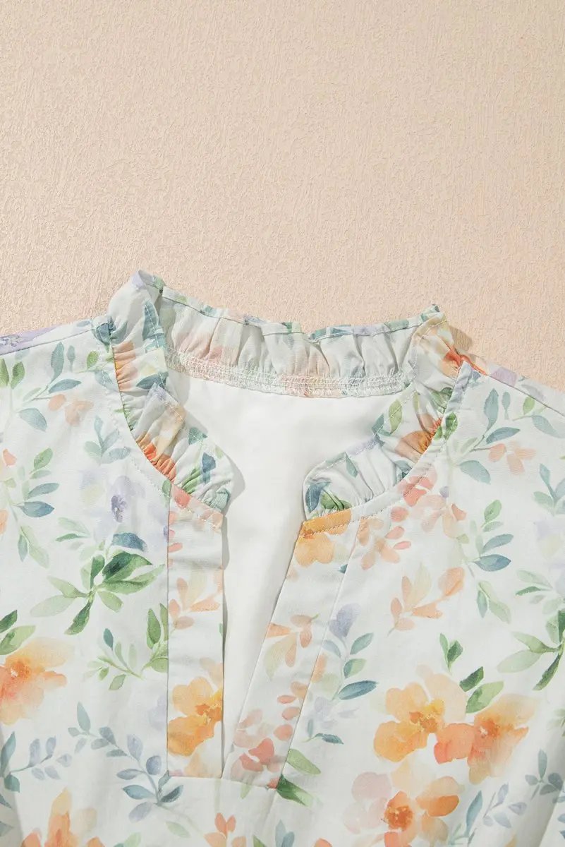 Beige Floral Print Shirred High Waist Puff Sleeve Mini Dress - Love Salve